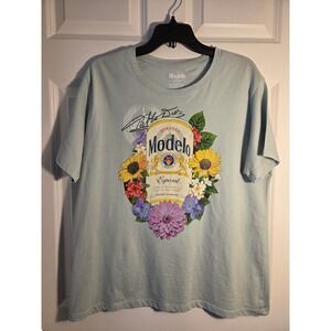 Modelo Especial Beer Can Floral Graphic T Shirt Light Blue Short Sleeve Size M